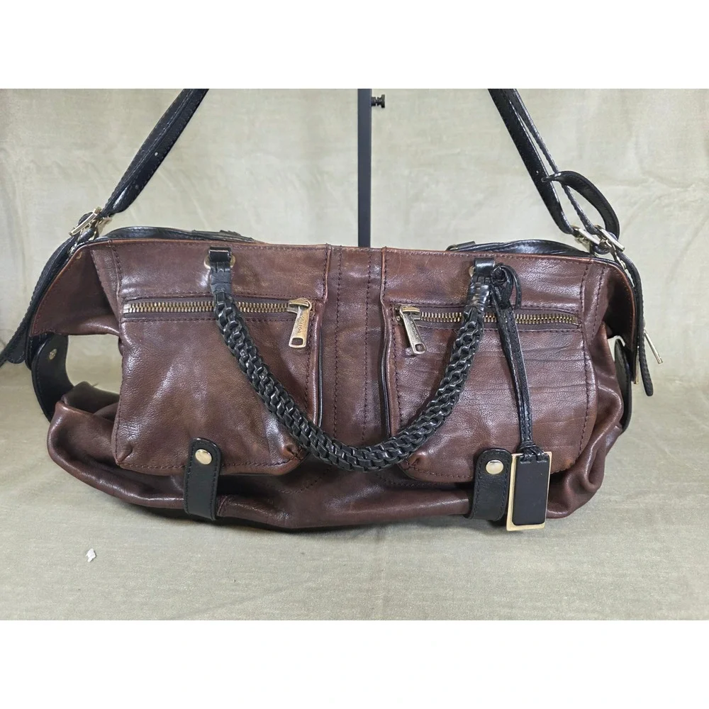 Gryson Joy Brown Black Leather Satchel Bag Made in Italy Moto Cargo Large